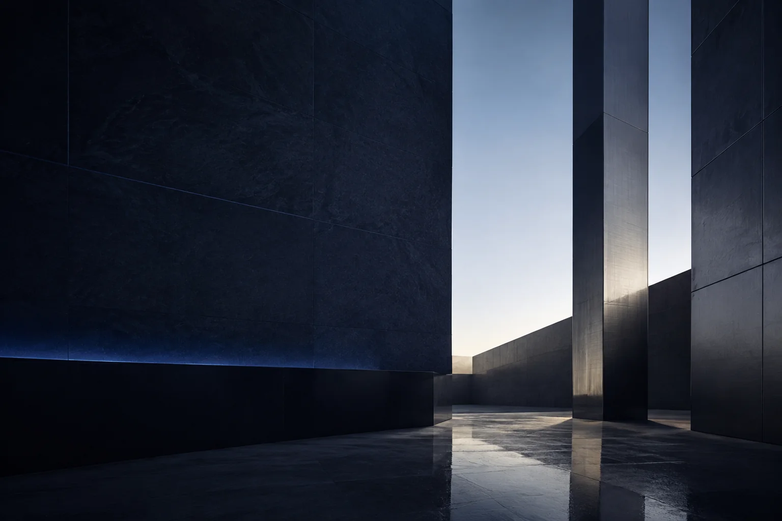 Abstract dark stone architecture opening toward daylight